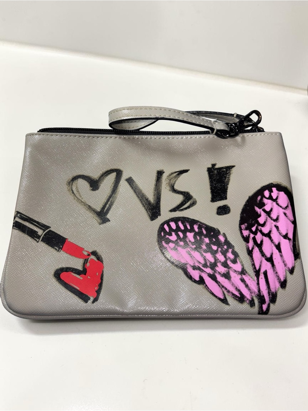 Graffiti Style Cosmetic Wristlet Pouch Pink Angel Wings Makeup Bag Y2K Aesthetic